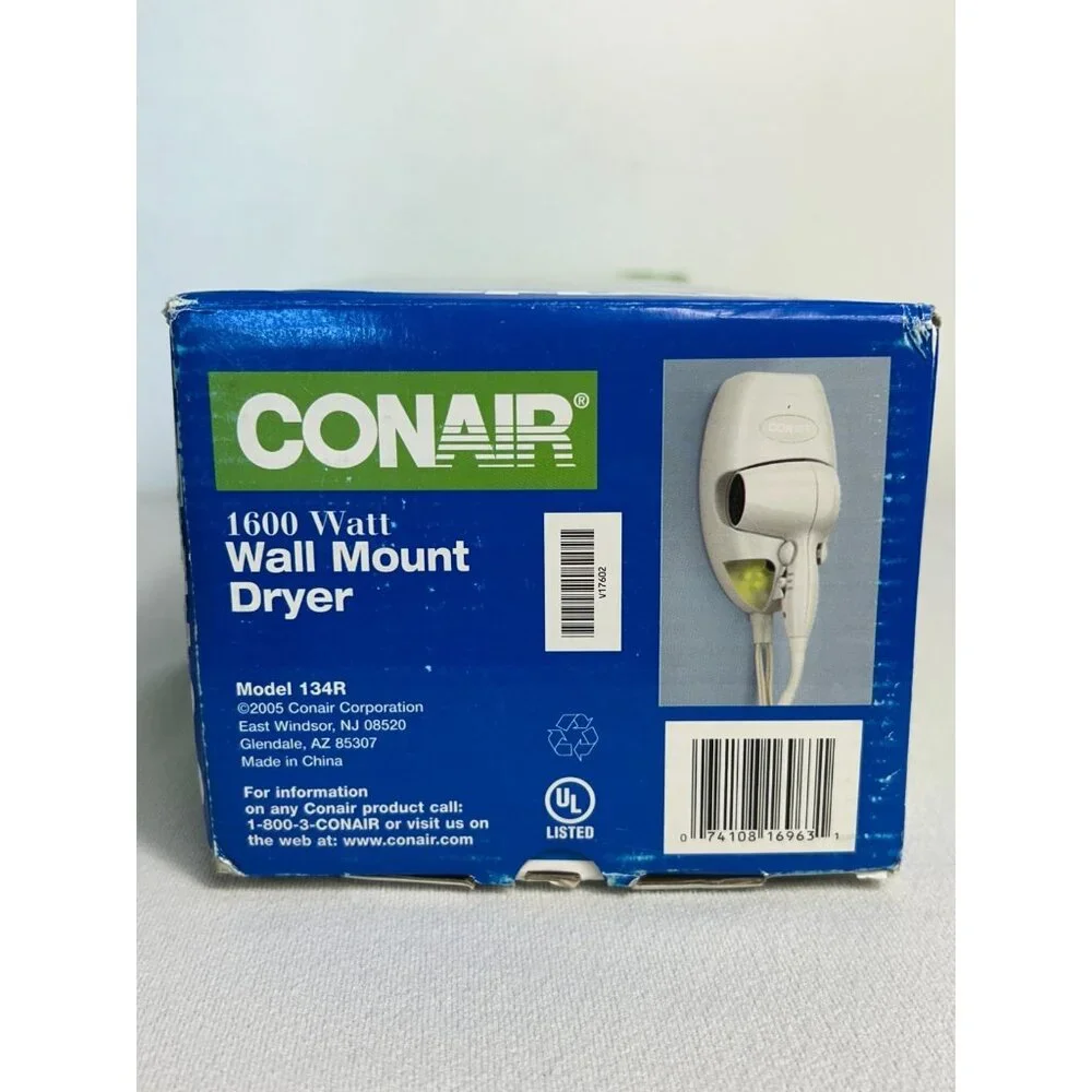 Conair Hair Dryer Wall Mount 1600 Watt White Nightlight Auto Shut Off 134R NEW